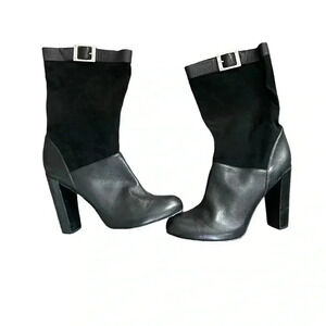 Chel Zoe “Claudia” Black Leather & Suede Slouch Boots Size 9 • Buckle Mid-Calf